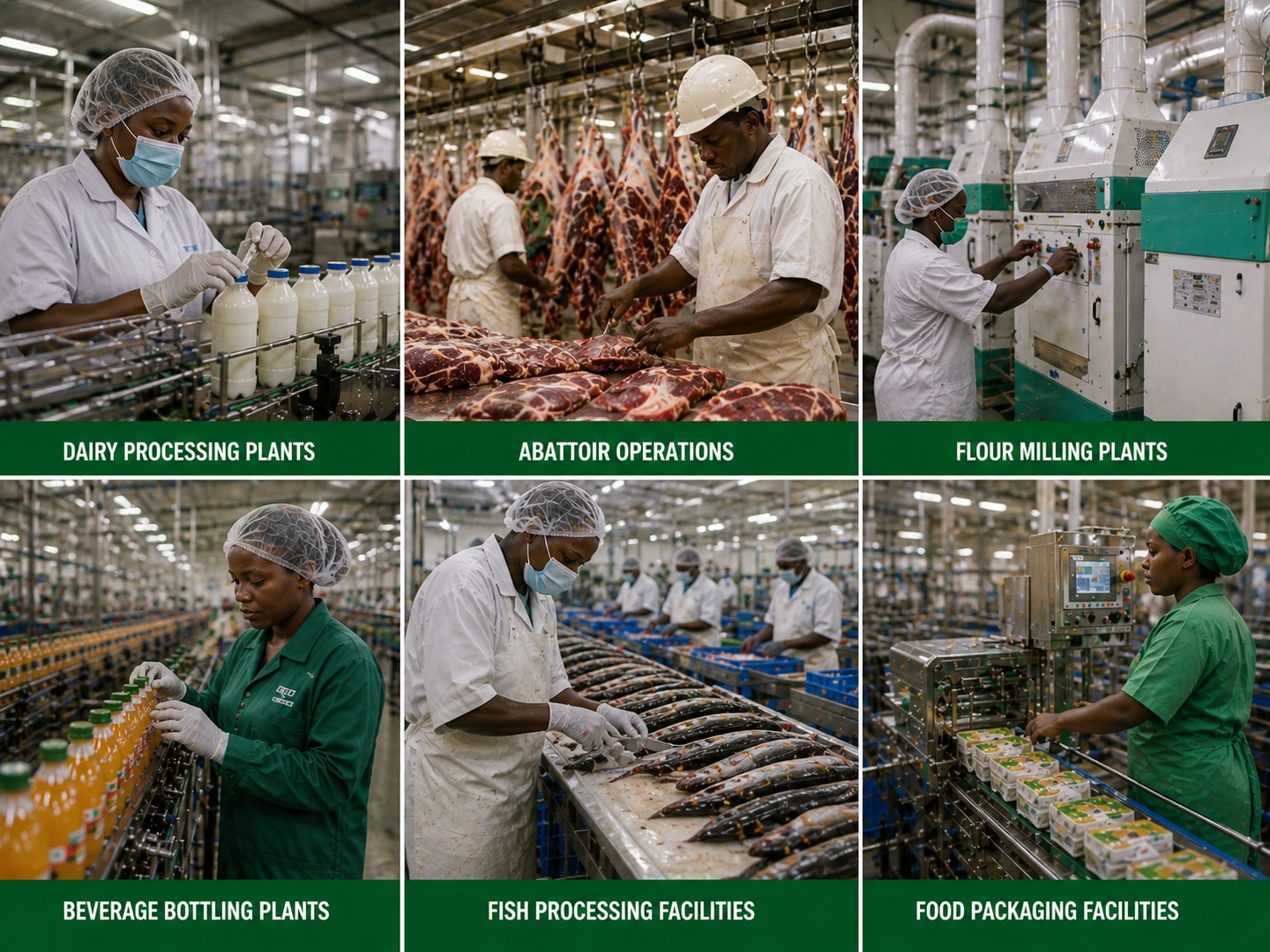 Six-panel collage: Dairy, Meat, Fish, Beverage — DESMA Tech Limited industry sectors